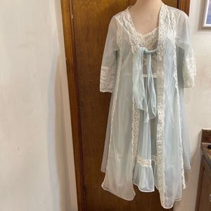 Kayser VTG Blue White Nylon Peignoir Nightgown 2 Pc Size 32